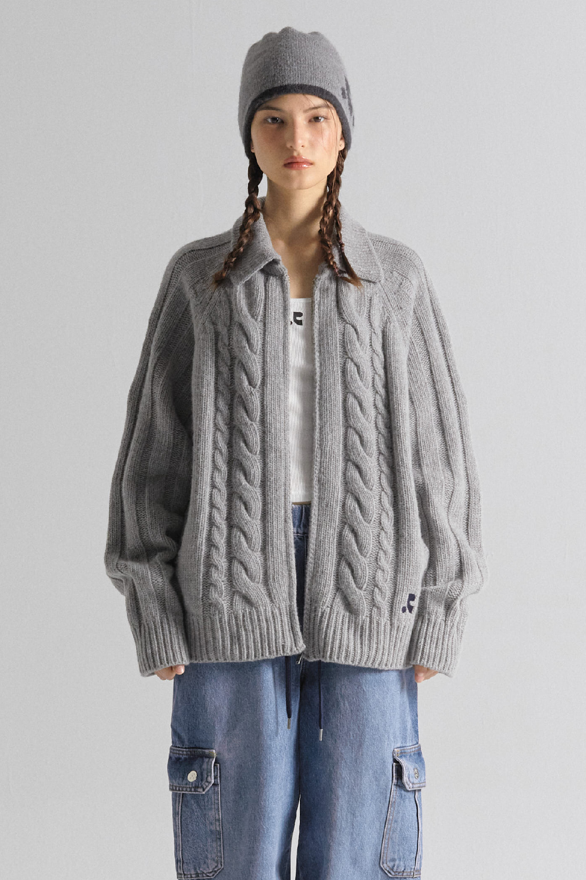 RR CABLE ZIP-UP CARDIGAN - GREY
