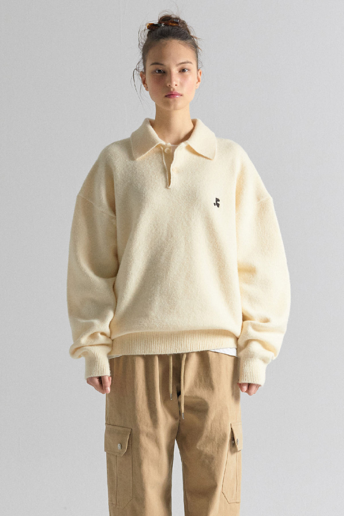 RR OVERSIZE POLO KNIT TOP - IVORY